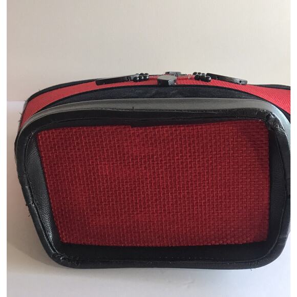 Red Woven Tote Handbag Black Velour Beaded Wooden Circular Handles Beach Purse - Picture 5 of 10